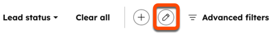 Updated quick filter controls in HubSpot showing add and edit filter icons. Edit is highlighted in orange. An Advanced filters option is present.
