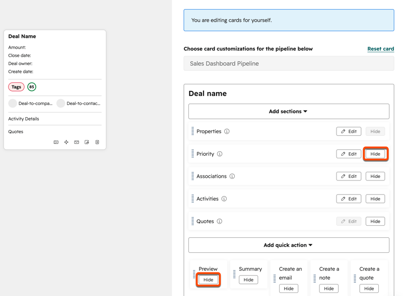 HubSpot deals board card customization screen with Hide buttons highlighted for removing sections and quick actions from deal cards in board view.