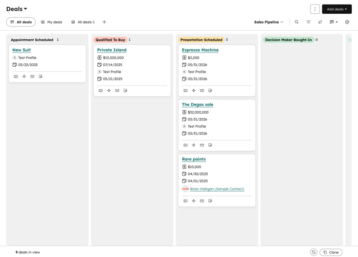 Updated deals board view in HubSpot showing pipeline stages with deal cards, values, and dates, with gear settings icon in the upper right.