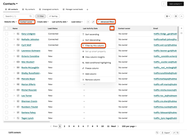 Contacts index page with the Last Activity Date column menu open, highlighting the three vertical dots icon, Filter by this column option, Contact owner quick filter, and Advanced filters button.