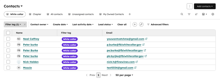 Updated contacts table view in HubSpot showing filtered contacts with tags, emails, and filters, with gear settings icon in the upper right.