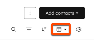 Updated view type button in HubSpot highlighted next to other action icons, with gear settings icon visible on the right.