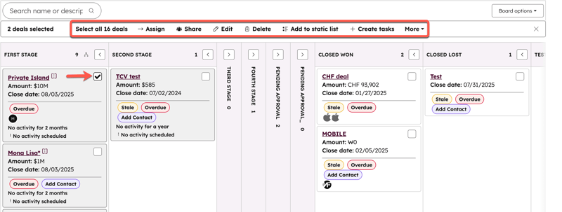 A HubSpot deals board view with two deal cards selected. The bulk action bar above, with options like 'Select all 16 deals', 'Assign', 'Share', and 'Delete', is highlighted.