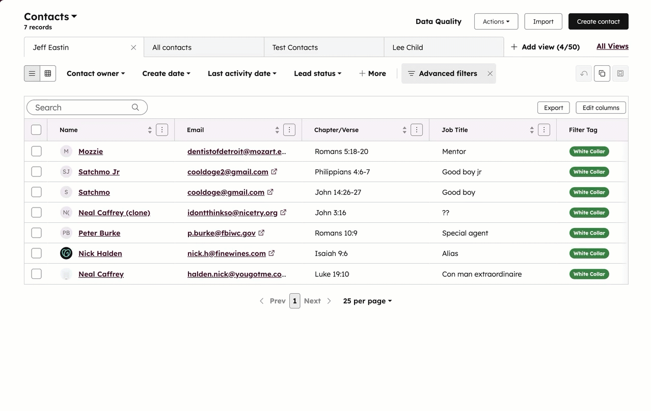 GIF displaying a contact index page search for "dentistofdetroit@mozart.edu" email. The user clicks the matching record. They then edit the email address in the left sidebar of the record page.