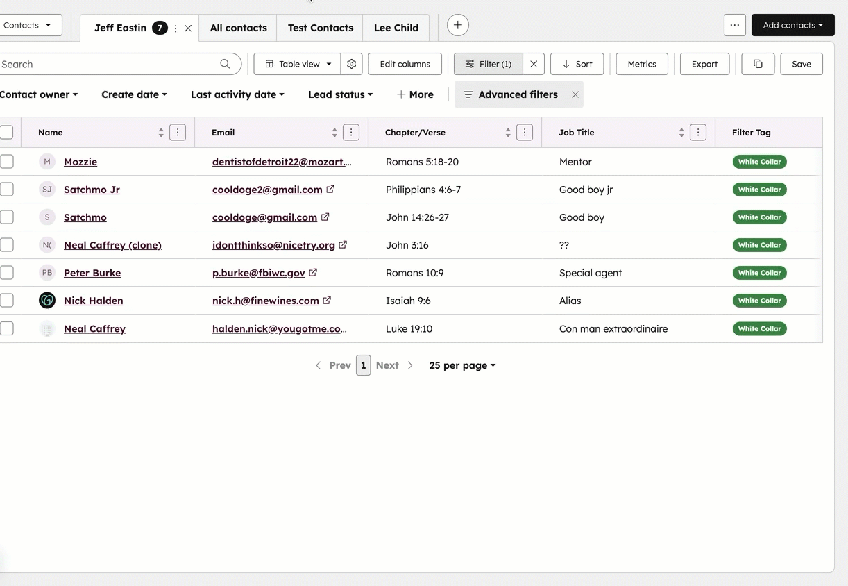 Contacts index page where the user clicks "More" and adds custom filter options such as "Now in Sequence". The user opens the edit menu within "More" to delete and re-arrange the options.