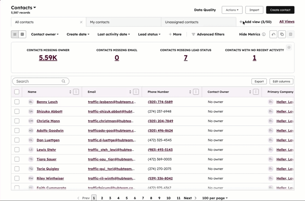GIF displaying a contact index page. The user creates a new view for the "Managers" team and filters by "Lead Status" and "Contact owner".