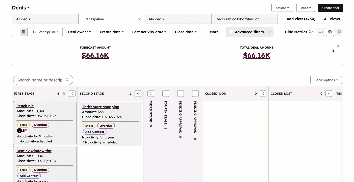 GIF displaying a deal board view. The user opens a dialog box to configure metrics shown at the top of the page such as the count of associated line items.