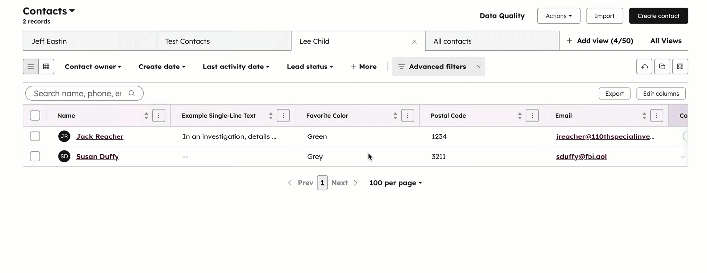 GIF displaying a contact index page table. The user adds a column for the property "Chapter/Verse" and adds values to it.