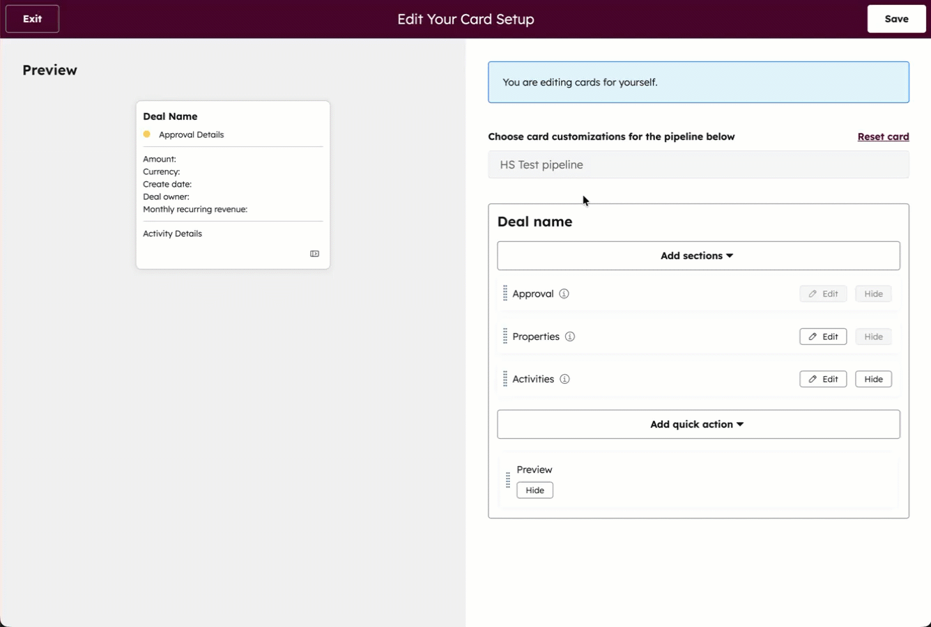 The card setup editor shows Approval, Properties, and Activities sections being reordered, with a preview of the deal card on the left. Create an email and make a phone call quick actions are added.