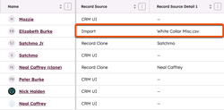 CRM index page showing a highlighted row where the Record Source is Import and the Record Source Detail is White Collar Misc.csv.