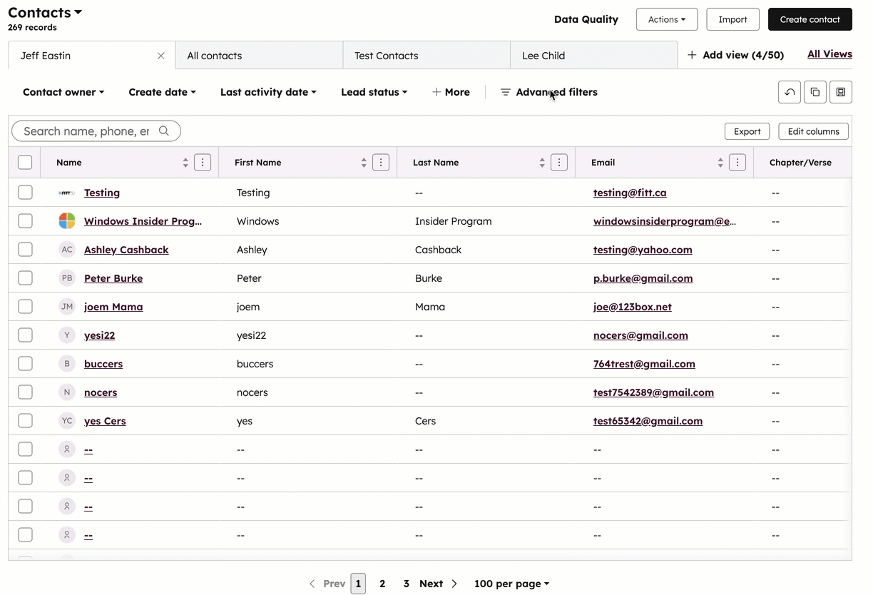 GIF displaying a contact index page. The user opens a panel for "advanced filters" and adds two filters into one group. They then close the panel and save the view.