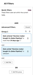 All Filters panel in HubSpot with two advanced filters for date entered and date exited Decision maker bought-In stage.