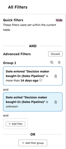 All Filters panel in HubSpot with two advanced filters for date entered and date exited Decision maker bought-In stage.