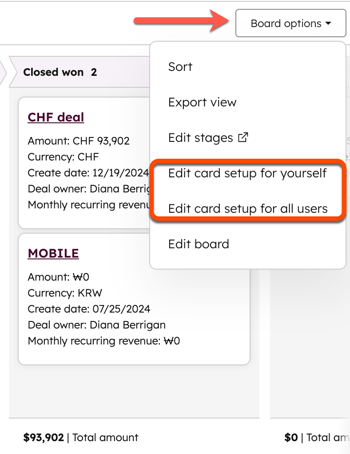 A HubSpot deals board view with the Board options dropdown menu open. The highlighted options are Edit card setup for yourself and Edit card setup for all users.