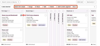A HubSpot deals board view with one deal selected. The highlighted bulk action bar shows options to Select all 11 deals, Assign, Edit, and Delete.