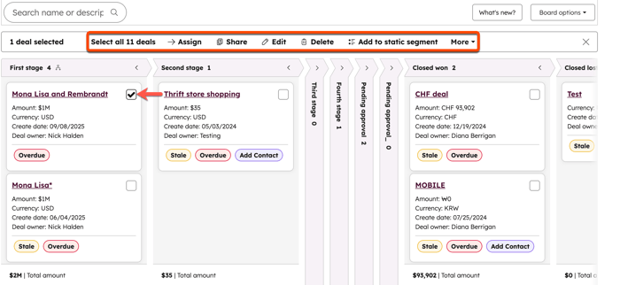 A HubSpot deals board view with one deal selected. The highlighted bulk action bar shows options to Select all 11 deals, Assign, Edit, and Delete.