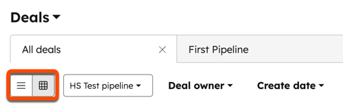 Deal index page. The table and board buttons are highlighted below the deal view tabs.