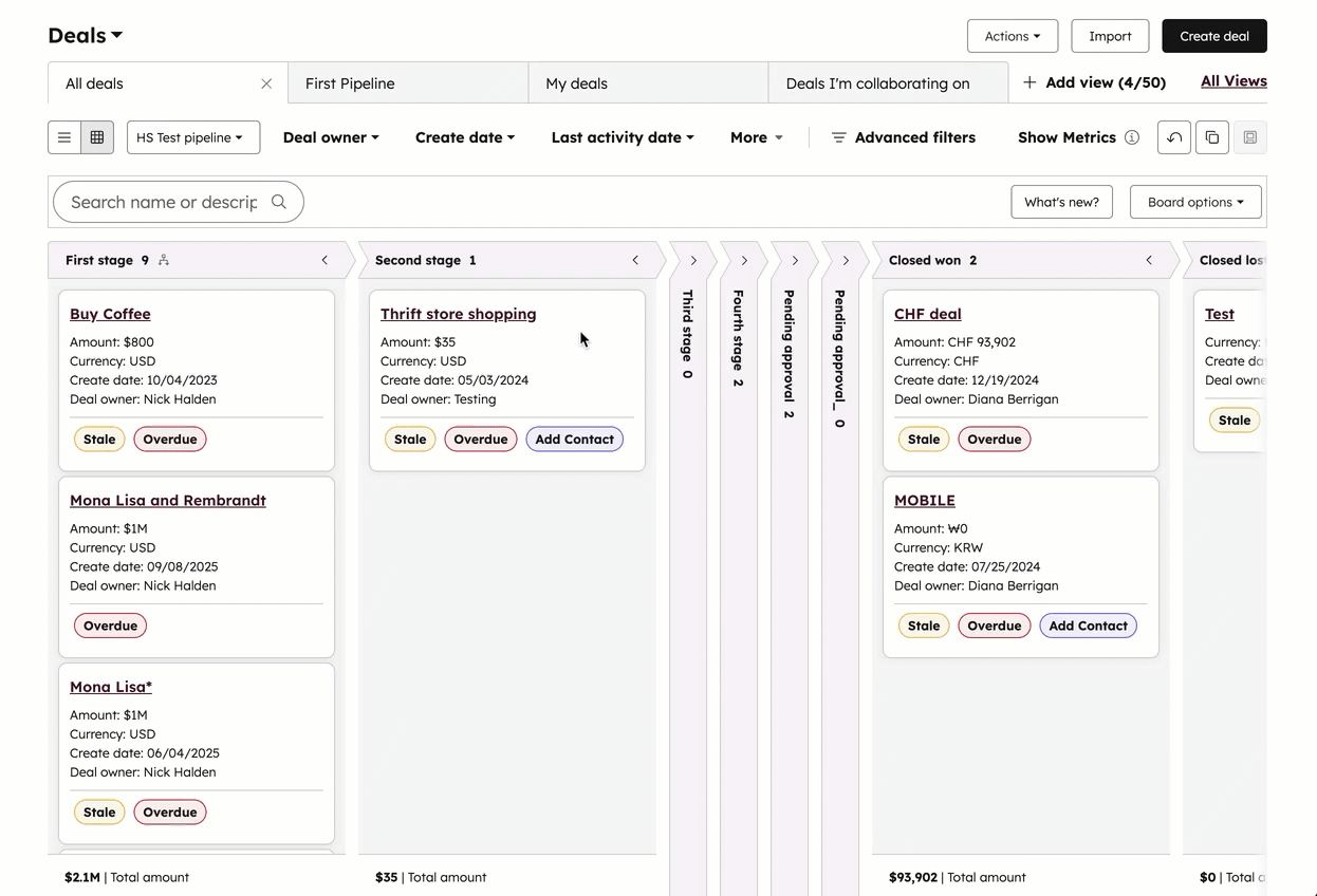GIF displaying a deal board. The user collapses a stage in the pipeline and displays some metrics such as total deal amount.