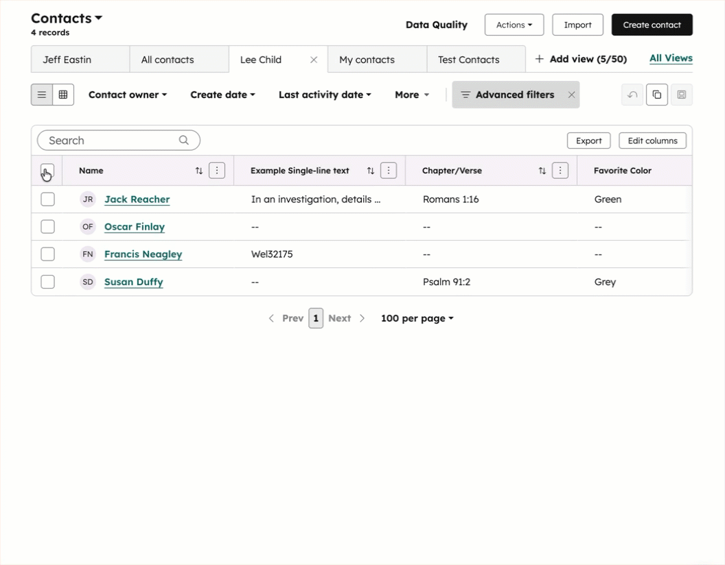 GIF displaying a contact index page. The user selects all and clicks "Review Associations" to open a dialog box.