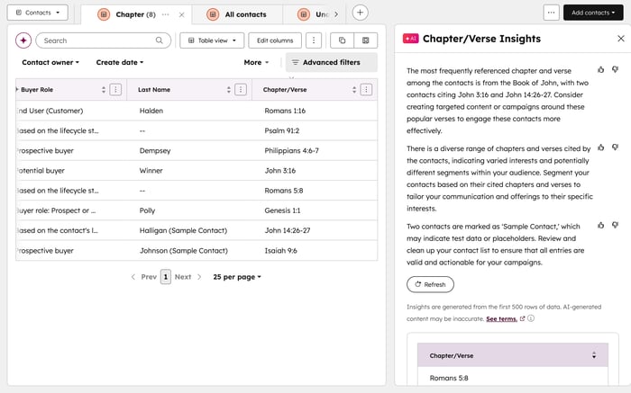 A table with a "Chapter/Verse Insights" panel on the right, providing AI-generated analysis of the verses listed in the table.