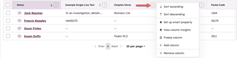 HubSpot contacts table with the Chapter/Verse column menu open, showing options like sort, set up smart property, and freeze column.