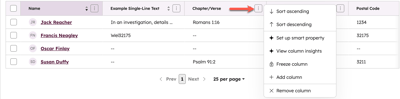 HubSpot contacts table with the Chapter/Verse column menu open, showing options like sort, set up smart property, and freeze column.