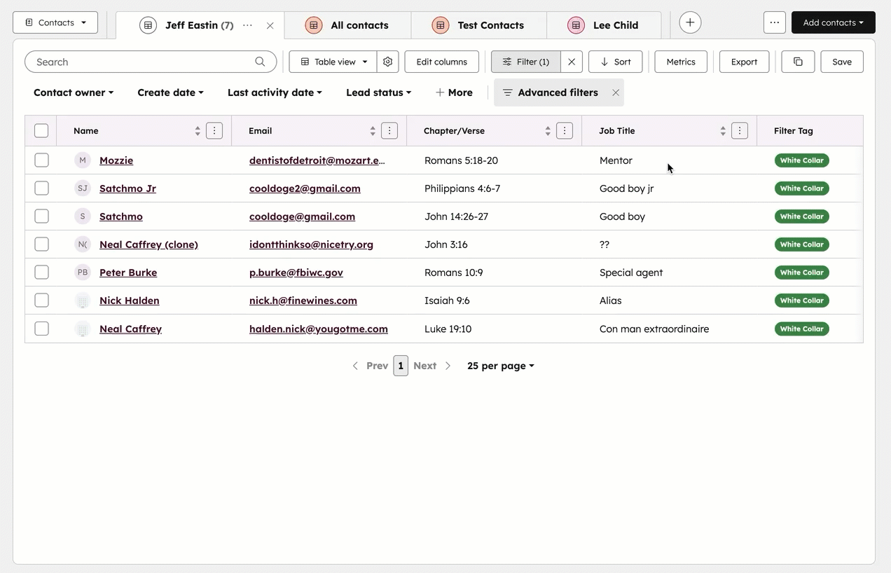GIF displaying a contact index page. The user opens a right panel to add a filter for the import 'restore'.