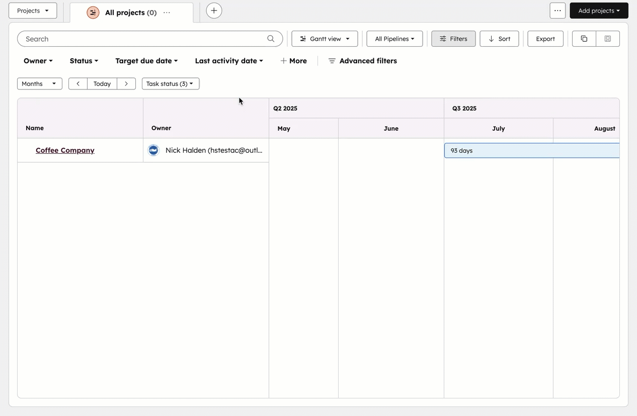 GIF displaying the "project" object and the gantt view type. The user navigates the timelines by swiping, creates a task, and opens the project in a right panel.