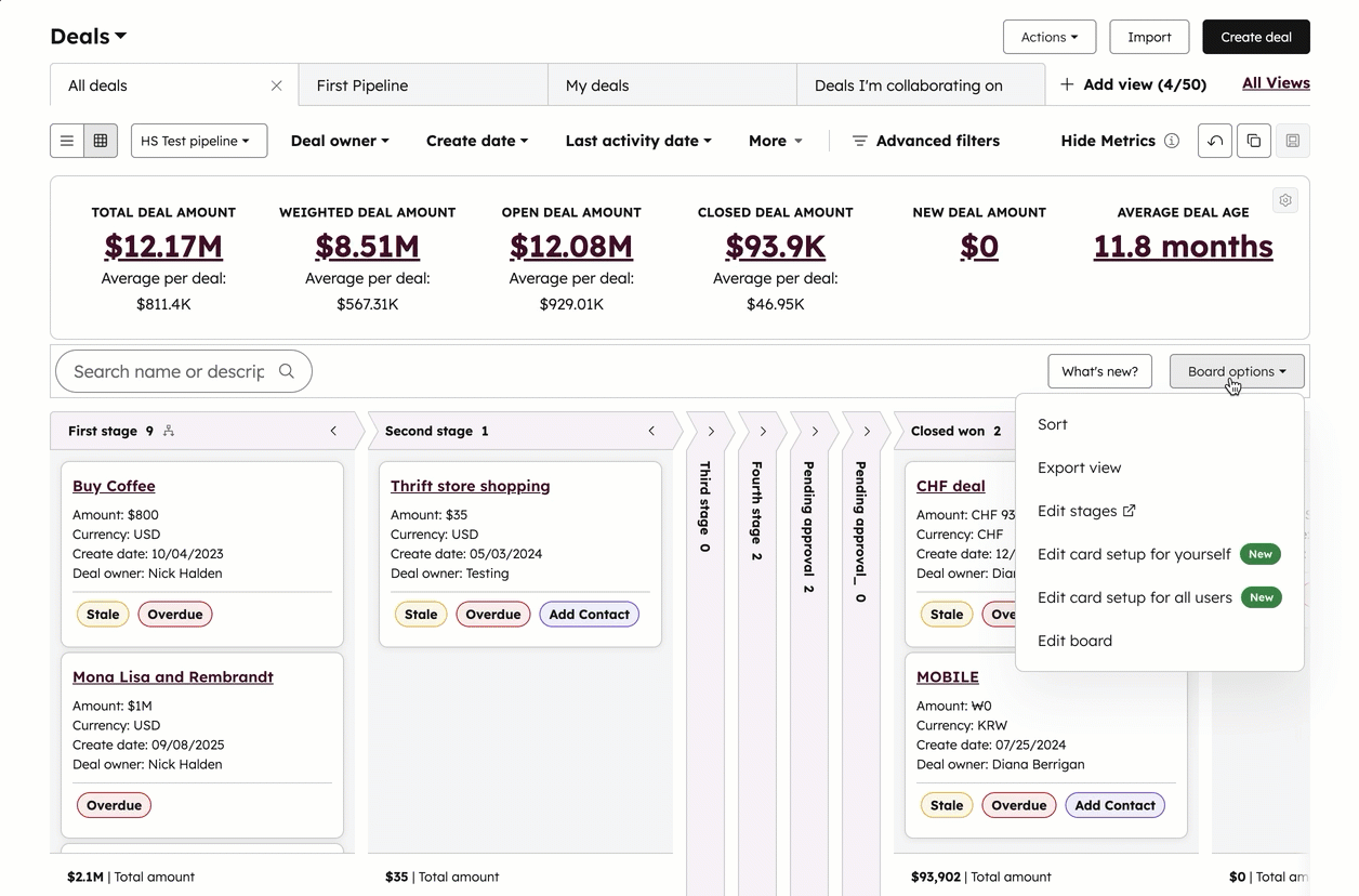 GIF displaying a deal board. The user clicks Board Options, then selects edit for all users to open a wizard to customize the cards shown such as properties and quick actions.