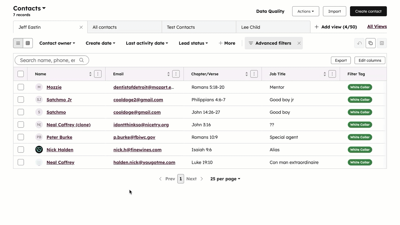 GIF displays object index pages in table and board views. The user highlights the preview function with appears as a button or by clicking the record's name (for Leads).