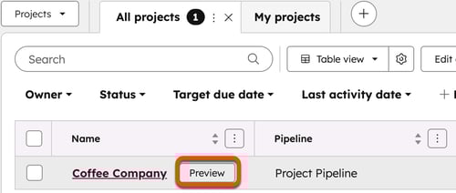 HubSpot projects object table showing Coffee Company with Preview button outlined in orange.