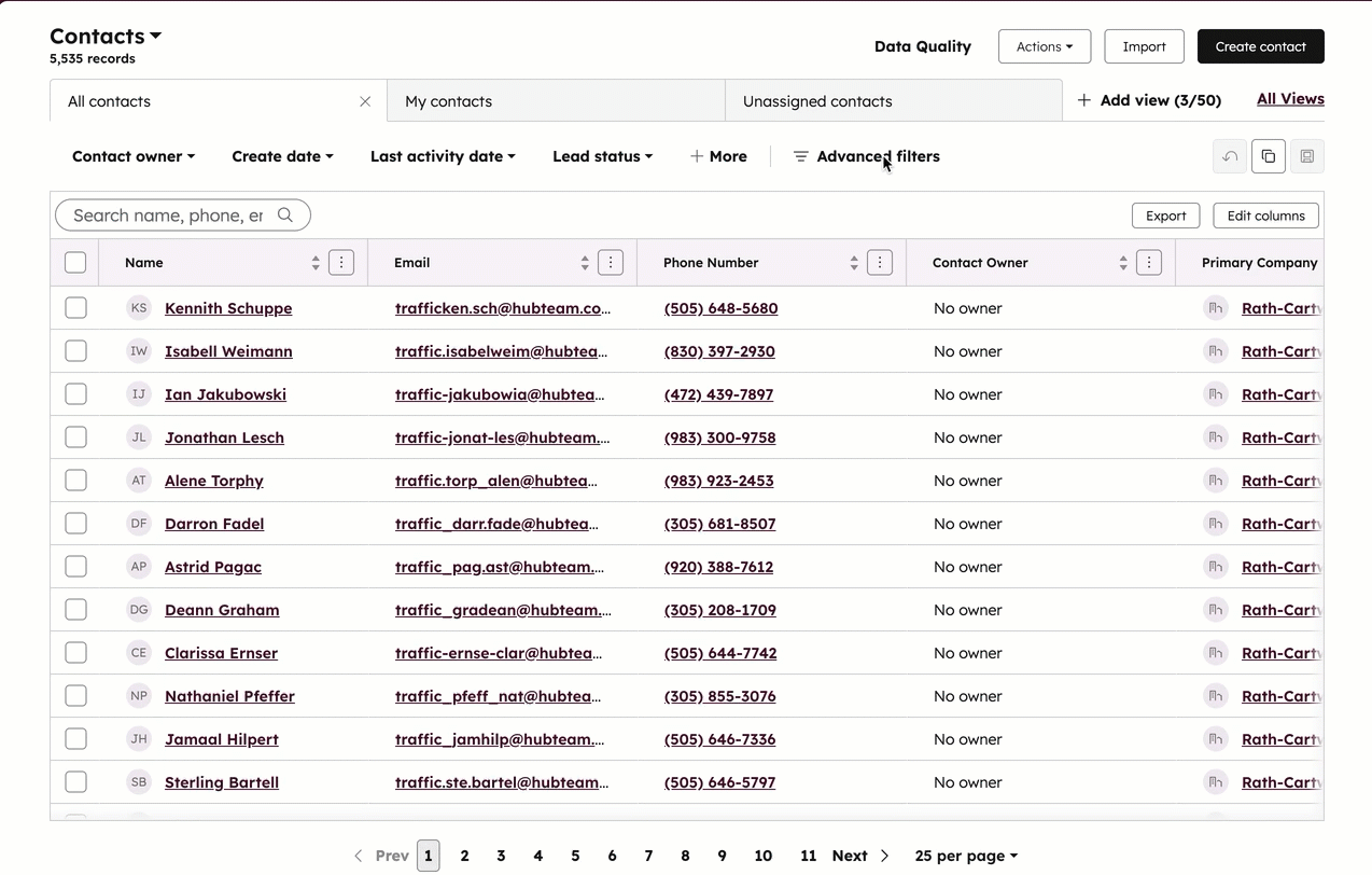 GIF displaying a contact index page. The user adds a filter in the right panel to be 'create date is more than 14 days ago'.