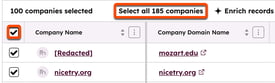 table view of companies. the upper left checkbox is selected. a 'select all 185 companies' button is highlighted.