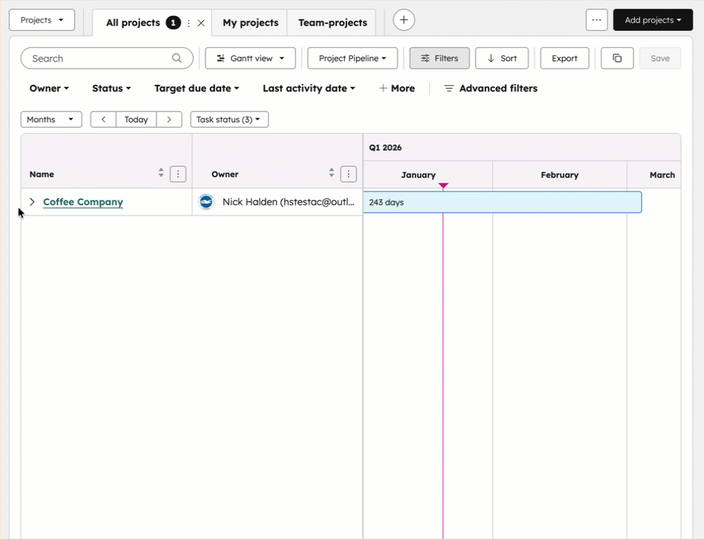 GIF image displaying the projects index page in Gantt view showing a project with its subtasks expanded in the timeline.