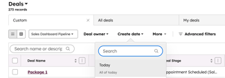 A HubSpot deals index page with 273 records. A search dropdown is open, showing the filter option Today, allowing the user to search for deals created today.