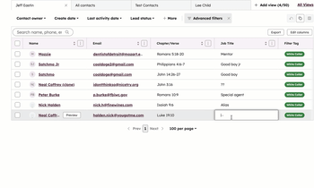 GIF showing a table of contacts such as "Mozzie" and "Neal Caffrey". The user enters a job title for "Neal Caffrey" and a save pop-up with an undo button appears in the bottom left.