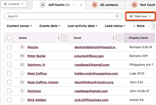 A HubSpot contacts page with a table view of contacts. A button labeled Table view is highlighted with an orange box.