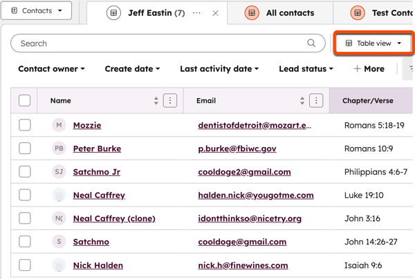 A HubSpot contacts page with a table view of contacts. A button labeled Table view is highlighted with an orange box.