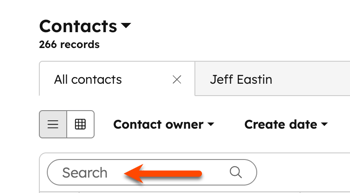 Contacts index page showing quick filters and a highlighted search bar for finding records via CRM search.