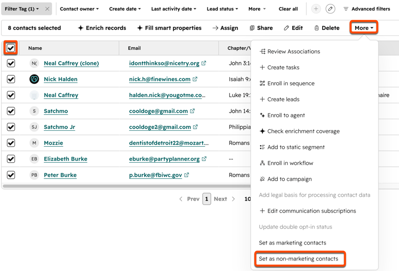 Contacts index page with multiple contacts selected and the Set as non-marketing contacts option highlighted in the More dropdown menu.