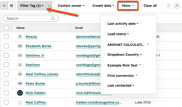 An index page table featuring a filter bar where an arrow points to an active quick filter and a highlighted "More" menu displays other quick filter options.