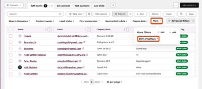 HubSpot contacts index page with More menu expanded and SUM of Coffees filter highlighted.