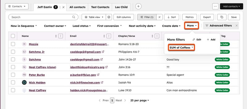 HubSpot contacts index page with More menu expanded and SUM of Coffees filter highlighted.