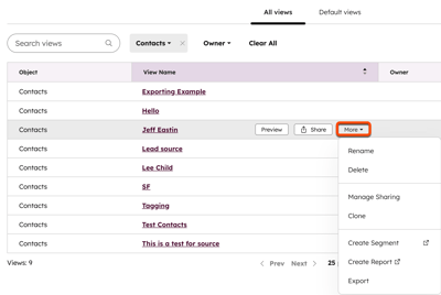 Table of saved views filtered by Contacts, with the More dropdown open on a selected view to access rename, delete, sharing, clone, and segment options
