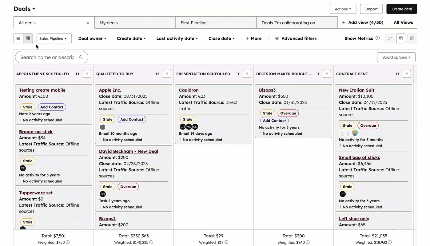 GIF displaying a user navigating a deal board view. They select a pipeline, show metrics, and open a deal in the right panel.