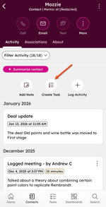 Contact activity timeline in the mobile app with Add Note, Create Task, and Log Activity buttons visible.