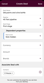 Create Deal screen in the HubSpot mobile app with fields for deal name, pipeline, stage, owner, and associated contacts.