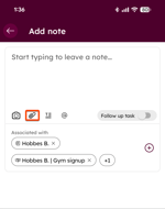 Mobile app screen showing the Add note editor, with the attachment icon highlighted and records associated with the note listed below.