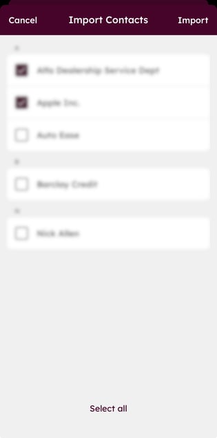 Import Contacts screen in the mobile app displaying a selectable list of contacts with an Import button.