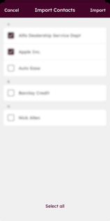 Import Contacts screen in the mobile app displaying a selectable list of contacts with an Import button.